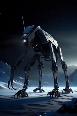 I want an image of a eight legged mechanical walker mech scaling the side of mout everest at night, it has a smooth surface, it has storage pods on its belly human can fit in the pods