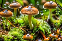 mushrooms transparent like glass marbles, growing under ferns