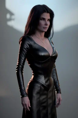 Young Sandra Bullock as evil queen in black leather gown, angry, busty, curvey, cleavage, unreal 5, octane render,cinema4d, dynamic lighting, dramatic lighting, 4k, redshift render, highly detailed, hyper realistic