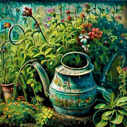 beautiful old watering can surrounded by gorgeous plants and flowers Modifiers: Award winning photography oil on canvas beautiful