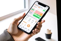 The photo depicts a person using a smart app on their smartphone to organize their tasks and appointments in an organized and efficient manner. The modern photography shows the attractive design of the app that helps the user manage their daily life and achieve their goals. The photo points to the importance of leveraging technology and smart tools in personal organization and facilitating one's life.