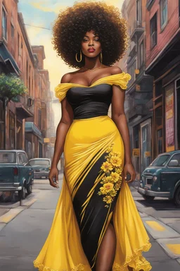 Create a pop punk chalk art image of a curvy black female walking thru the city streets wearing a yellow off the shoulder maxi sundress. Prominent make up with brown eyes. Highly detailed tight curly black shiny afro