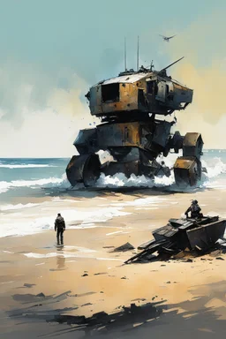 [Alex Maleev] Abandoned war robot wreckage on the beach, kids are approaching it from the beach in a small barque