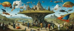 Salvador Dali & Hieronymus Bosch greet each other at an outdoor surrealist market. A flock of dream-like sky-fish fly high in the far distant sky, with a beautiful surreal outdoor countryside summer scene with hills, fields, hedgerow, intricate dwellings, pathways & stairways, streams, waterfalls, waterwheels : very high detail, photorealistic, epic cinematic, 8K, Large depth of field