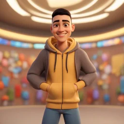 a portrait of smiling young Spanish man. caricature. black hair. short buzz cut hair style. light skin. dark eye pupils. black thick eyebrow. small round face shape. a bit small goatee, without moustache. wear white sweater hoodie. pixar style. 3D. 4k. portrait. highly detailed. sharp focus. high resolution. full color. cinema lighting