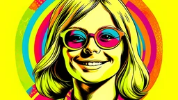 Portrait of a happy fair-haired woman in sunglasses Colourful psychedelic 1970s. AI generative.