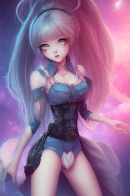 Anime girl close and personal but beautiful. She knows what she wants and how to get it. Stunning Starsign background