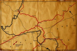 a scan of an ancient Cree Anishinaabe road map, hand drawn been stained and weathered