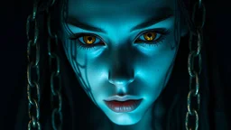 close up pale blue-white face with black shadow dark gold eyes, , void, hyper-realistic detail, floats in deep darkness, deep blue abyss, vertical shadows of chains projected on her face, crepy stunning, dark, surreal vibe with meticulous textures , dark shadow