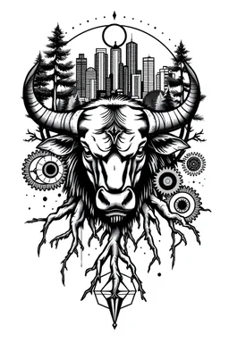 Design tattoo: A Taurus bull surrounded by roots and trees, with gears and the Detroit skyline in the background, combining earthy elements with industrial details. Black and gray shading with geometric accents and a celestial theme
