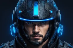 A man wears a black glass Cyberpunk helmet , full helmet cover , Changshan, black and blue color, cyberpunk drawing style, neon, intricate details, highly detailed, high details, detailed portrait, masterpiece,ultra detailed, ultra quality