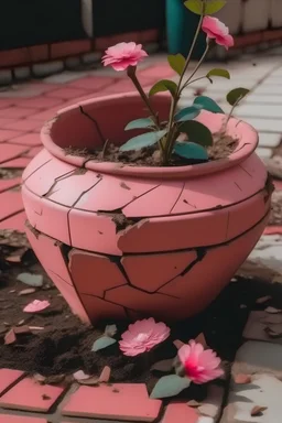 pot de fleur cassé au sol avec rose a coté style lofi