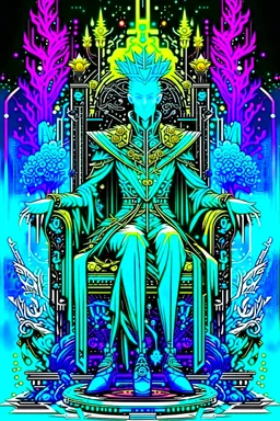 Ilustración lineal arte surrealista estilo Salvador Dalí de un rey Elfo en el trono con armadura cyberpunk, full body, hiperdetallada, increíble obra de arte, colores complementarios, maximalista