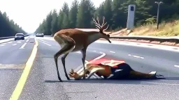 upset lady tries to revive deer on the highway using CPR or Mouth to Mouth