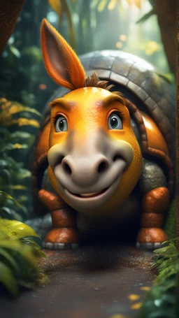 close up, magazine cover, smiling with front teeth, metallic yellow orange donkey turtle with friendly cute face and hair locks in dark lit reflective wet jungle metallic hall dome hotel tunnel, in the style of a game,bokeh like f/0.8, tilt-shift lens 8k, high detail, smooth render, down-light, unreal engine, prize winning