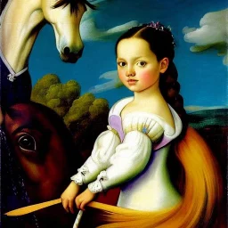 Retrato de una niña muy guapa llamad Eira Santiago Arnau montando un unicornio con el estilo de Diego Velázquez