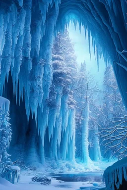 A frozen forest landscape with a giant caveroof over it