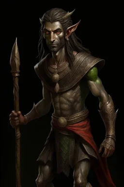 full length, montia, black with, holding a spear in his hand