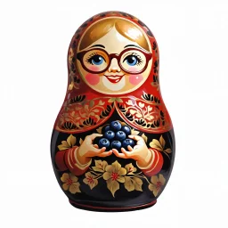 draw matryoshka dolls, the matryoshka is smiling, the kind sweet face of the matryoshka doll, behind the matryoshka Russian patterns in the style of Khokhloma, Khokhloma with gold and black flowers, in the hands of matryoshka blueberries