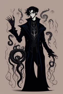 black haired young man necromancer wizard with gothic jewelry and tentacle fingers in the style of Fyodor Pavlov