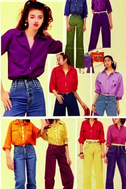 year 1996 denim fashion. Loose fit, low waist. Colors: denim blue, blue, purple, khaki, light green, lilac, plum, orange, terracotta, red, light yellow, lion yellow, pink, dark blue, beige. Women models.