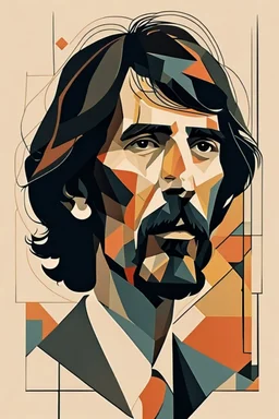 a highly detailed, abstract flat geometric 3/4 profile portrait illustration of George Harrison in the minimalist style of Willi Baumeister, Federico Babina and Petros Afshar, sharply detailed and finely lined, in vibrant natural colors