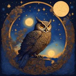 Symbol of Athena, owl symbolism, in the style of Maxfield Parrish, starry night, James R. Eads