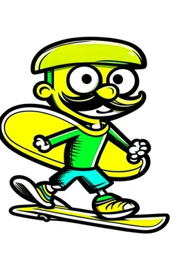 A cartoon FOOTBALL with a handlebar mustache and a skateboard tucked under its fin. Style: Retro Comic Book, Mood: Playful and Energetic, Lighting: Flat, bold colors, T-shirt design graphic, vector, contour, white background.