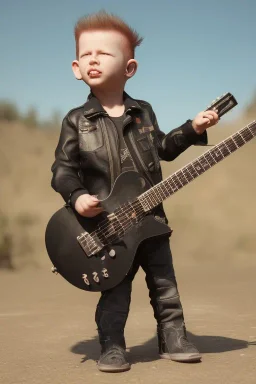 James hetfield toddler, full body, playing guitar, black leather wearing, bokeh,hyper realistic