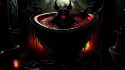 Surrealistic concept art of a bat taking a bath in a tub filled with blood, dark and eerie atmosphere, detailed textures and lighting, by H.R. Giger and Salvador Dali, (long shot), vibrant colors