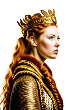 a redheaded woman valkyrie queen with two braids, gold crown, fur cloak, strong, muscled body, white background, portrait, slightly side view, (masterpiece),