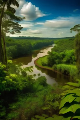 Vista panorámica de la selva de Brasil, viendo el rio con sus animales autóctonos asomando por la vegetación florecida