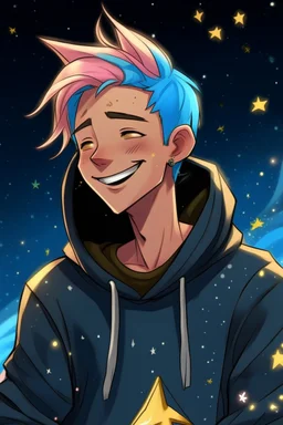 A young, androgynous young man with tousled pink hair and golden eyes floating among the stars wearing a light blue hoodie and black board shorts. He is smiling softly and holding a star in one hand.