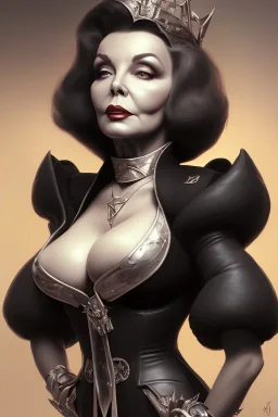 Joan Collins as evil queen in black leather, leather, busty, cleavage, angry, stern look. character design by cory loftis, fenghua zhong, ryohei hase, ismail inceoglu and ruan jia. unreal engine 5, artistic lighting, highly detailed, photorealistic, fantasy