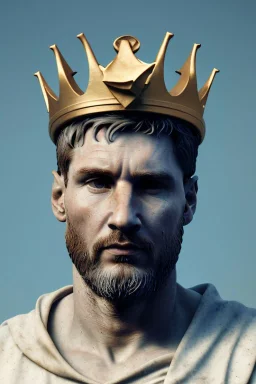 Ultra Realistic image, Roman sculpture, white marble material, Lionel Messi, gold crown of natural thorns, god crown, sun rays background, waist up portrait, epic, celestial, cinematic lighting, God lights, 4k resolution, smooth details, soft lighting, unreal engine 5, art station, substance 3d.