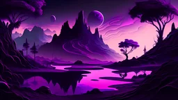 psychedelic, violet tones, fantasy landscape with black bottom