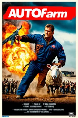 "Create a 90s-style action movie poster titled 'AUTOfarm.' Include the subtitle 'BMI - Suckin-p-p' prominently." Feature a heroic mechanic battling thousands of people with a spanner, and in the background, show a sheep holding a machine gun. The scene should be intense and dynamic, capturing the high-energy and gritty aesthetic of classic 90s action films.