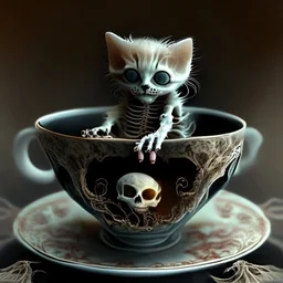 Luxury of fears, kitten skeleton in a teacup, macabre, sinister, eschatology, surreal, profound, dramatic, creepy