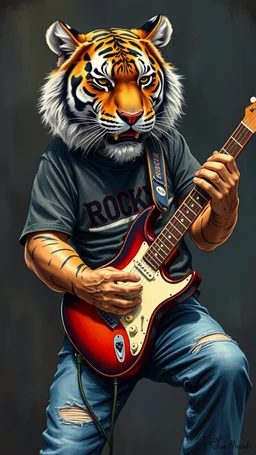 A tiger wearing jeans and tee shirt written on it “ Rocky” wearing playing an electrical guitar, Bosch painting style