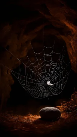 A very fine spider web in front of a dark cave entrance a dove laying in the nest ,unsplash photography, BOKEH shot style of time-lapse photography, fujifilm provia 400x, 100mm lens, luminous shadows, renaissance-inspired , home and garden, wildlife nature photography, HDRI. A nest in front of the spider web with a dove laying in it