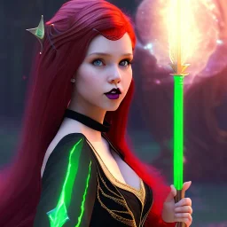 Gorgeous teenage girl with red hair who is dressed like a witch casting a spell with a staff, magic is in the background, green eyes, background is realistic space, goth girl dress, full body portrait, arm colors gradient effect into stars, rendered, unity 3d, unreal engine, dslr, hdr, 4k, edited, photorealistic, normal number of appendages, freckles, artists rendering