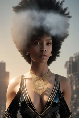 A portrait of a beautiful curvaceous black woman with long black hair, wearing a black dress with a deep v neck, wizard, magical, ethereal, intricate, realistic lighting. Concept art by wlop. Ultra quality 8k. Ultra Realistic