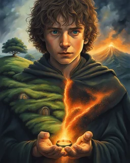A dramatic, cinematic illustration of Frodo Baggins from "The Lord of the Rings," holding the glowing One Ring in front of him with a solemn expression. He wears a dark cloak, standing against a shadowy backdrop. Emerging from his chest is a surreal, split landscape: on one side, the peaceful Shire with lush green hills, hobbit holes, and a large tree; on the other, a fiery wasteland with Mount Doom erupting, lava flowing, and a dark army marching toward the volcano. Using rich textures and moo