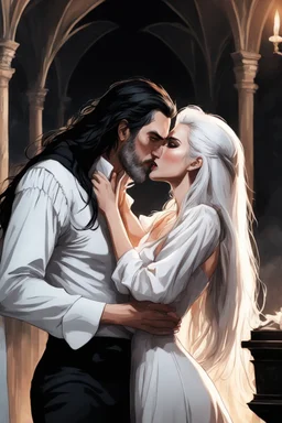 Strahd Von Zarovich being kissed by a beautiful woman with white hair, wearing an off the shoulder dress. Settling and background are a lavish toomb with an ebony coffin. Remove his beard.