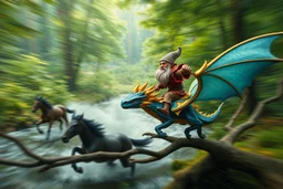 oil painting ,motion blur portrait of harpy - Forgotten Realms dodging dwarf with warhammer riding tiny metallic blue and yellow dragon above water and along winding branches in lush green forest along speeding horses , bokeh like f/0.8, tilt-shift lens 8k, high detail, smooth render, down-light, unreal engine, prize winning