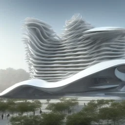 designing a hospital building by zaha Hadid and its building by sand and have a dome on top and have a modern glassed elevation