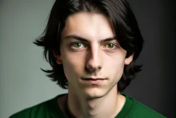 a young male with shoulder length black hair and green eyes, slight smile