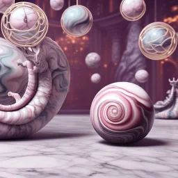 Light pink swirling marble texture,elf in big snail house, centered table & chair,transparent soft shadows,reflective metal ball, HD 4K Unreal Engine 5 bokeh