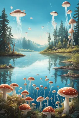 Landscape scene across a lake with mushrooms with jellyfish tentacles floating through a light blue clear sky