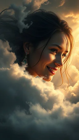 A beautiful eyes of a girl smiling? with a long earring above swirling clouds, emerges from the heart of a raging storm. Turbulent winds of steam swirl around the louds lit by shafts of sunlight that cast dramatic shadows on the A beautiful woman High quality 16k cinematic scene and great photography